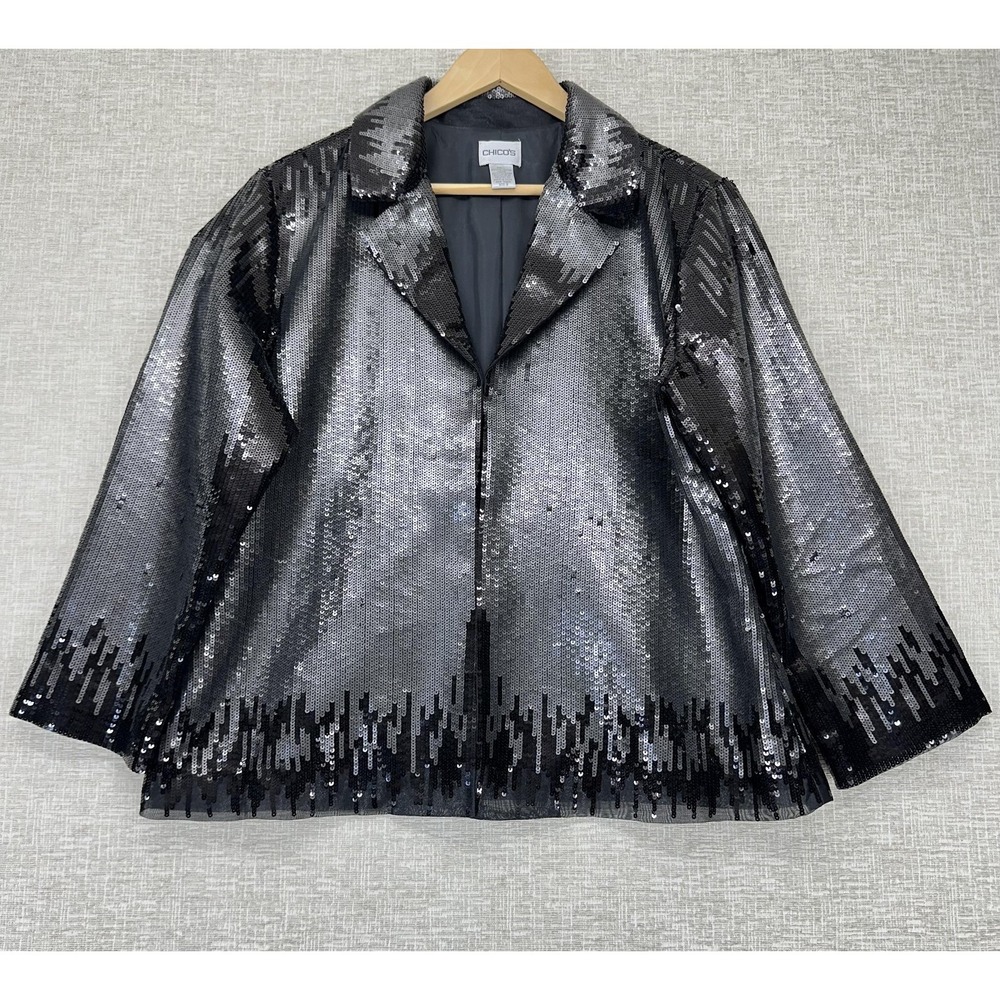 Chicos Jacket Womens 2 (L/12) Black Silver Sequin Blazer Evening Party Lined